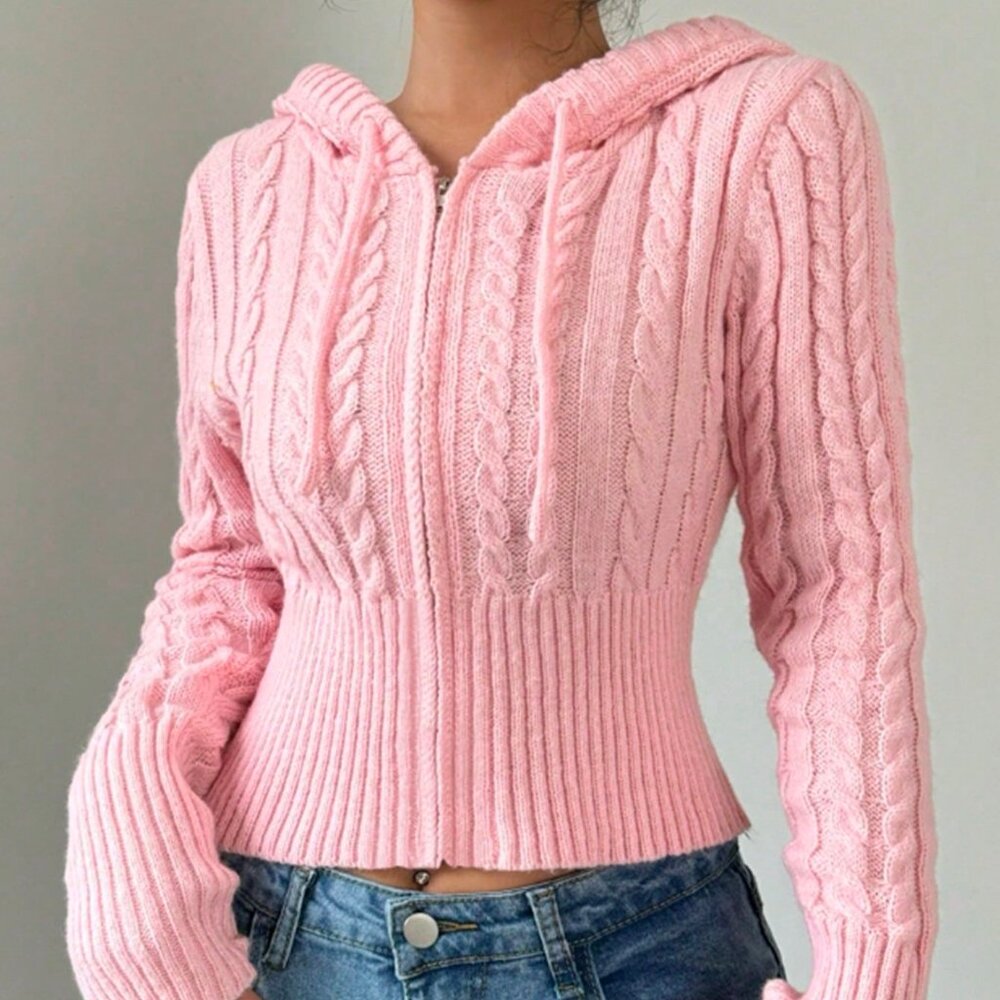 Pink Casual Women's Drawstring Hooded Cardigan - Picture 3 of 5